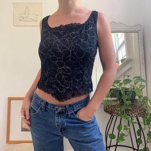 Vintage Y2k Black Mesh Sparkle Corset Style Tank Top Size M
